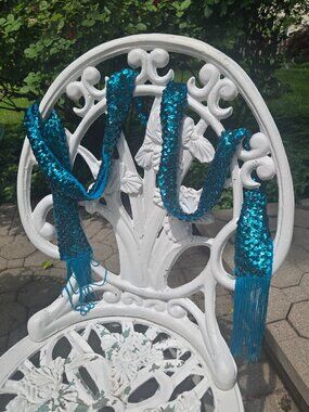 Turquoise aqua sequin crochet belt or hairband with tassels